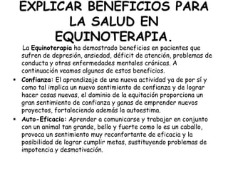 EXPLICAR BENEFICIOS PARA
LA SALUD EN
EQUINOTERAPIA.

La Equinoterapia ha demostrado beneficios en pacientes que
sufren de depresión, ansiedad, déficit de atención, problemas de
conducta y otras enfermedades mentales crónicas. A
continuación veamos algunos de estos beneficios.
 Confianza: El aprendizaje de una nueva actividad ya de por sí y
como tal implica un nuevo sentimiento de confianza y de lograr
hacer cosas nuevas, el dominio de la equitación proporciona un
gran sentimiento de confianza y ganas de emprender nuevos
proyectos, fortaleciendo además la autoestima.
 Auto-Eficacia: Aprender a comunicarse y trabajar en conjunto
con un animal tan grande, bello y fuerte como lo es un caballo,
provoca un sentimiento muy reconfortante de eficacia y la
posibilidad de lograr cumplir metas, sustituyendo problemas de
impotencia y desmotivación.

 