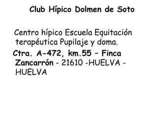 Club Hípico Dolmen de Soto

Centro hípico Escuela Equitación
terapéutica Pupilaje y doma.
Ctra. A-472, km.55 – Finca
Zancarrón - 21610 -HUELVA HUELVA

 