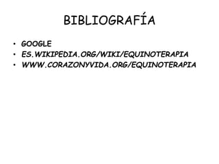 BIBLIOGRAFÍA
• GOOGLE
• ES.WIKIPEDIA.ORG/WIKI/EQUINOTERAPIA
• WWW.CORAZONYVIDA.ORG/EQUINOTERAPIA

 