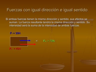 Fuerzas con igual dirección e igual sentido

Si ambas fuerzas tienen la misma dirección y sentido, sus efectos se
   suman. La fuerza resultante tendrá la misma dirección y sentido. Su
   intensidad será la suma de la intensidad de ambas fuerzas.

   F 1 = 30N

                         =     F R = 70N

   F 2 = 40N
 
