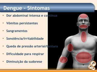 • Dor abdominal intensa e contínua
• Vômitos persistentes
• Sangramentos
• Sonolência/irritabilidade
• Queda de pressão arterial/tontura
• Dificuldade para respirar
• Diminuição da sudorese
Dengue – Sintomas
 