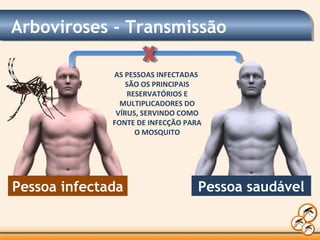 Pessoa infectada Pessoa saudável
Arboviroses - Transmissão
AS PESSOAS INFECTADAS
SÃO OS PRINCIPAIS
RESERVATÓRIOS E
MULTIPLICADORES DO
VÍRUS, SERVINDO COMO
FONTE DE INFECÇÃO PARA
O MOSQUITO
 