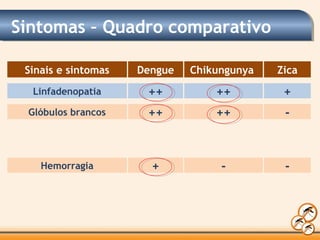 Sinais e sintomas Dengue Chikungunya Zica
Linfadenopatia ++ ++ +
Glóbulos brancos ++ ++ -
Hemorragia + - -
Sintomas – Quadro comparativo
 