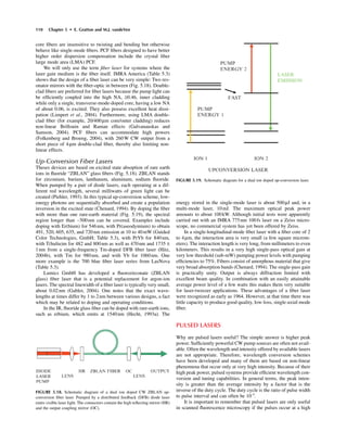 110 Chapter 5 • E. Gratton and M.J. vandeVen
core ﬁbers are insensitive to twisting and bending but otherwise
behave like single-mode ﬁbers. PCF ﬁbers designed to have better
higher order dispersion compensation include the crystal ﬁber
large mode area (LMA) PCF.
We will only use the term ﬁber laser for systems where the
laser gain medium is the ﬁber itself. IMRA America (Table 5.3)
shows that the design of a ﬁber laser can be very simple: Two res-
onator mirrors with the ﬁber-optic in between (Fig. 5.18). Double-
clad ﬁbers are preferred for ﬁber lasers because the pump light can
be efﬁciently coupled into the high NA, ≥0.46, inner cladding
while only a single, transverse-mode-doped core, having a low NA
of about 0.06, is excited. They also possess excellent heat dissi-
pation (Limpert et al., 2004). Furthermore, using LMA double-
clad ﬁber (for example, 20/400mm core/outer cladding) reduces
non-linear Brillouin and Raman effects (Galvanauskas and
Samson, 2004). PCF ﬁbers can accommodate high powers
(Folkenberg and Broeng, 2004), with 260W CW output from a
short piece of 4mm double-clad ﬁber, thereby also limiting non-
linear effects.
Up-Conversion Fiber Lasers
Theses devices are based on excited state absoption of rare earth
ions in ﬂuoride “ZBLAN” glass ﬁbers (Fig. 5.18). ZBLAN stands
for zirconium, barium, lanthanum, aluminum, sodium ﬂuoride.
When pumped by a pair of diode lasers, each operating at a dif-
ferent red wavelength, several milliwatts of green light can be
created (Piehler, 1993). In this typical up-conversion scheme, low-
energy photons are sequentially absorbed and create a population
inversion in the excited state (Chenard, 1994). By doping the ﬁber
with more than one rare-earth material (Fig. 5.19), the spectral
region longer than ~500nm can be covered. Examples include
doping with Er(bium) for 546nm, with Pr(aseodymium) to obtain
491, 520, 605, 635, and 720nm emission at 10 to 40mW (Guided
Color Technologies, GmbH; Table 5.3), with PrYb for 840nm,
with T(huliu)m for 482 and 800nm as well as 470nm and 1735 ±
1nm from a single-frequency Tm-doped DFB ﬁber laser (Hitz,
2004b), with Tm for 980nm, and with Yb for 1060nm. One
more example is the 700 blue ﬁber laser series from LasNova
(Table 5.3).
Lumics GmbH has developed a ﬂuorozirconate (ZBLAN
glass) ﬁber laser that is a potential replacement for argon-ion
lasers. The spectral linewidth of a ﬁber laser is typically very small,
about 0.02nm (Gabler, 2004). One notes that the exact wave-
lengths at times differ by 1 to 2nm between various designs, a fact
which may be related to doping and operating conditions.
In the IR, ﬂuoride glass ﬁber can be doped with rare-earth ions,
such as erbium, which emits at 1540nm (Hecht, 1993a). The
energy stored in the single-mode laser is about 500mJ and, in a
multi-mode laser, 10mJ. The maximum optical peak power
amounts to about 100kW. Although initial tests were apparently
carried out with an IMRA 775nm 100fs laser on a Zeiss micro-
scope, no commercial system has yet been offered by Zeiss.
In a single-longitudinal-mode ﬁber laser with a ﬁber core of 2
to 4mm, the interaction area is very small (a few square microm-
eters). The interaction length is very long, from millimeters to even
kilometers. This results in a very high single-pass optical gain at
very low threshold (sub-mW) pumping power levels with pumping
efﬁciencies to 75%. Fibers consist of amorphous material that give
very broad absorption bands (Chenard, 1994). The single-pass gain
is practically unity. Output is always diffraction limited with
excellent beam quality. In combination with an easily attainable
average power level of a few watts this makes them very suitable
for laser-tweezer applications. These advantages of a ﬁber laser
were recognized as early as 1964. However, at that time there was
little capacity to produce good quality, low-loss, single-axial-mode
ﬁber.
PULSED LASERS
Why are pulsed lasers useful? The simple answer is higher peak
power. Sufﬁciently powerful CW pump sources are often not avail-
able. Often the wavelength and intensity offered by available lasers
are not appropriate. Therefore, wavelength conversion schemes
have been developed and many of them are based on non-linear
phenomena that occur only at very high intensity. Because of their
high peak power, pulsed systems provide efﬁcient wavelength con-
version and tuning capabilities. In general terms, the peak inten-
sity is greater than the average intensity by a factor that is the
inverse of the duty cycle. The duty cycle is the ratio of pulse width
to pulse interval and can often be 10-5
.
It is important to remember that pulsed lasers are only useful
in scanned ﬂuorescence microscopy if the pulses occur at a high
FIGURE 5.18. Schematic diagram of a dual ion doped CW ZBLAN up-
conversion ﬁber laser. Pumped by a distributed feedback (DFB) diode laser
emits visible laser light. The connectors contain the high reﬂecting mirror (HR)
and the output coupling mirror (OC).
FIGURE 5.19. Schematic diagram for a dual ion doped up-conversion laser.
 