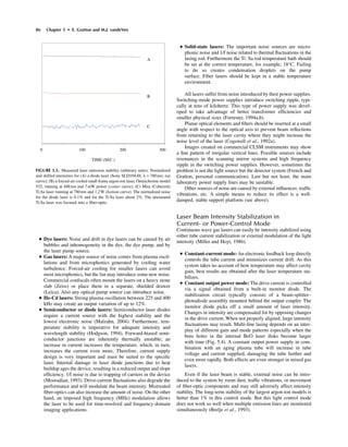 86 Chapter 5 • E. Gratton and M.J. vandeVen
• Dye lasers: Noise and drift in dye lasers can be caused by air
bubbles and inhomogeneity in the dye, the dye pump, and by
the laser pump source.
• Gas lasers: A major source of noise comes from plasma oscil-
lations and from microphonics generated by cooling water
turbulence. Forced-air cooling for smaller lasers can avoid
most microphonics, but the fan may introduce some new noise.
Commercial confocals often mount the lasers on a heavy stone
slab (Zeiss) or place them in a separate, shielded drawer
(Leica). Also any optical pump source can introduce noise.
• He-Cd lasers: Strong plasma oscillation between 225 and 400
kHz may create an output variation of up to 12%.
• Semiconductor or diode lasers: Semiconductor laser diodes
require a current source with the highest stability and the
lowest electronic noise (Malzahn, 2004). Furthermore, tem-
perature stability is imperative for adequate intensity and
wavelength stability (Hodgson, 1994). Forward-biased semi-
conductor junctions are inherently thermally unstable; an
increase in current increases the temperature, which, in turn,
increases the current even more. Therefore, current supply
design is very important and must be suited to the speciﬁc
laser. Internal damage in laser diode junctions due to heat
buildup ages the device, resulting in a reduced output and slope
efﬁciency. 1/f noise is due to trapping of carriers in the device
(Mooradian, 1993). Drive-current ﬂuctuations also degrade the
performance and will modulate the beam intensity. Mistreated
ﬁber-optics can also increase the amount of noise. On the other
hand, an imposed high frequency (MHz) modulation allows
the laser to be used for time-resolved and frequency-domain
imaging applications.
• Solid-state lasers: The important noise sources are micro-
phonic noise and 1/f noise related to thermal ﬂuctuations in the
lasing rod. Furthermore the Ti:Sa rod temperature bath should
be set at the correct temperature, for example, 18°C. Failing
to do so creates condensation droplets on the pump
surface. Fiber lasers should be kept in a stable temperature
environment.
All lasers suffer from noise introduced by their power supplies.
Switching-mode power supplies introduce switching ripple, typi-
cally at tens of kilohertz. This type of power supply was devel-
oped to take advantage of better transformer efﬁciencies and
smaller physical sizes (Forrester, 1994a,b).
Planar optical elements and ﬁlters should be inserted at a small
angle with respect to the optical axis to prevent beam reﬂections
from returning to the laser cavity where they might increase the
noise level of the laser (Cogswell et al., 1992a).
Images created on commercial CLSM instruments may show
a ﬁne pattern of irregular vertical lines. Possible sources include
resonances in the scanning mirror systems and high frequency
ripple in the switching power supplies. However, sometimes the
problem is not the light source but the detector system (French and
Gratton, personal communication). Last but not least, the main
laboratory power supply lines may be unstable.
Other sources of noise are caused by external inﬂuences: trafﬁc
vibrations, etc. A simple means to reduce its effect is a well-
damped, stable support platform (see above).
Laser Beam Intensity Stabilization in
Current- or Power-Control Mode
Continuous wave gas lasers can easily be intensity stabilized using
either tube current stabilization or external modulation of the light
intensity (Miller and Hoyt, 1986).
• Constant-current mode: An electronic feedback loop directly
controls the tube current and minimizes current drift. As this
system takes no account of how temperature may affect cavity
gain, best results are obtained after the laser temperature sta-
bilizes.
• Constant output power mode: The drive current is controlled
via a signal obtained from a built-in monitor diode. The
stabilization circuit typically consists of a beam-splitter–
photodiode assembly mounted behind the output coupler. The
monitor diode picks off a small amount of laser intensity.
Changes in intensity are compensated for by opposing changes
in the drive current. When not properly aligned, large intensity
ﬂuctuations may result. Multi-line lasing depends on an inter-
play of different gain and mode patterns especially when the
bore holes in the internal BeO laser disks become larger
with time (Fig. 5.4). A constant output power supply in com-
bination with an aging plasma tube will increase in tube
voltage and current supplied, damaging the tube further and
even more rapidly. Both effects are even stronger in mixed gas
lasers.
Even if the laser beam is stable, external noise can be intro-
duced to the system by room dust, trafﬁc vibrations, or movement
of ﬁber-optic components and may still adversely affect intensity
stability. The long-term stability of the largest argon-ion models is
better than 1% in this control mode. But this light control mode
does not work so well when multiple emission lines are monitored
simultaneously (Brelje et al., 1993).
A
B
C
0 100 200 300
TIME (SEC.)
FIGURE 5.5. Measured laser emission stability (arbitrary units). Normalized
and shifted intensities for (A) a diode laser (Sony SLD104AV, l = 780nm; top
curve); (B) a forced-air cooled small frame argon-ion laser, Omnichrome model
532, running at 488nm and 7mW power (center curve); (C) Mira (Coherent)
Ti:Sa laser running at 780nm and 1.2W (bottom curve). The normalized noise
for the diode laser is 0.1% and for the Ti:Sa laser about 2%. The attenuated
Ti:Sa laser was focused into a ﬁber-optic.
 