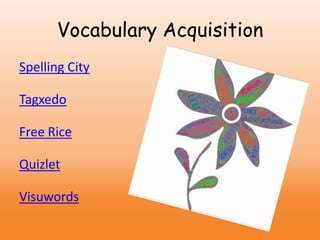 Spelling City
Tagxedo
Free Rice
Quizlet
Visuwords
Vocabulary Acquisition
 