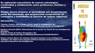 Su aplicación necesitaría de nuevas estrategias,
creatividad y colaboración entre profesores, familias y
alumnos.
Gómez Jarava propone el aprendizaje por proyectos por
parte del alumnado, que proporcione comprensión de
conceptos y habilidades al servicio de nuevos objetivos.
BIBLIOGRAFIA
Thomas, Camila. Alfred Binet: ¿Cómo medir la inteligencia? En:
https://lamenteesmatavillosa.com/alfred-binet-como-medir-la-inteligencia/
Gardner, Howard (2001). Estructuras de la mente: La Teoría de Las Inteligencias
Múltiples.
Bogotá: Fondo de Cultura Económica. En:
biblioteca.udgvirtual.udg.mx:8080/jspui/bitstream/123456789/593/1/
Gómez Jarava, Narci. Un sistema educativo basado en las inteligencias
múltiples. En: https://www.uloyola.es/bitacoraloyola/consejos-loyola/un-sistema-
educativo-basado-en-las-inteligencias
 