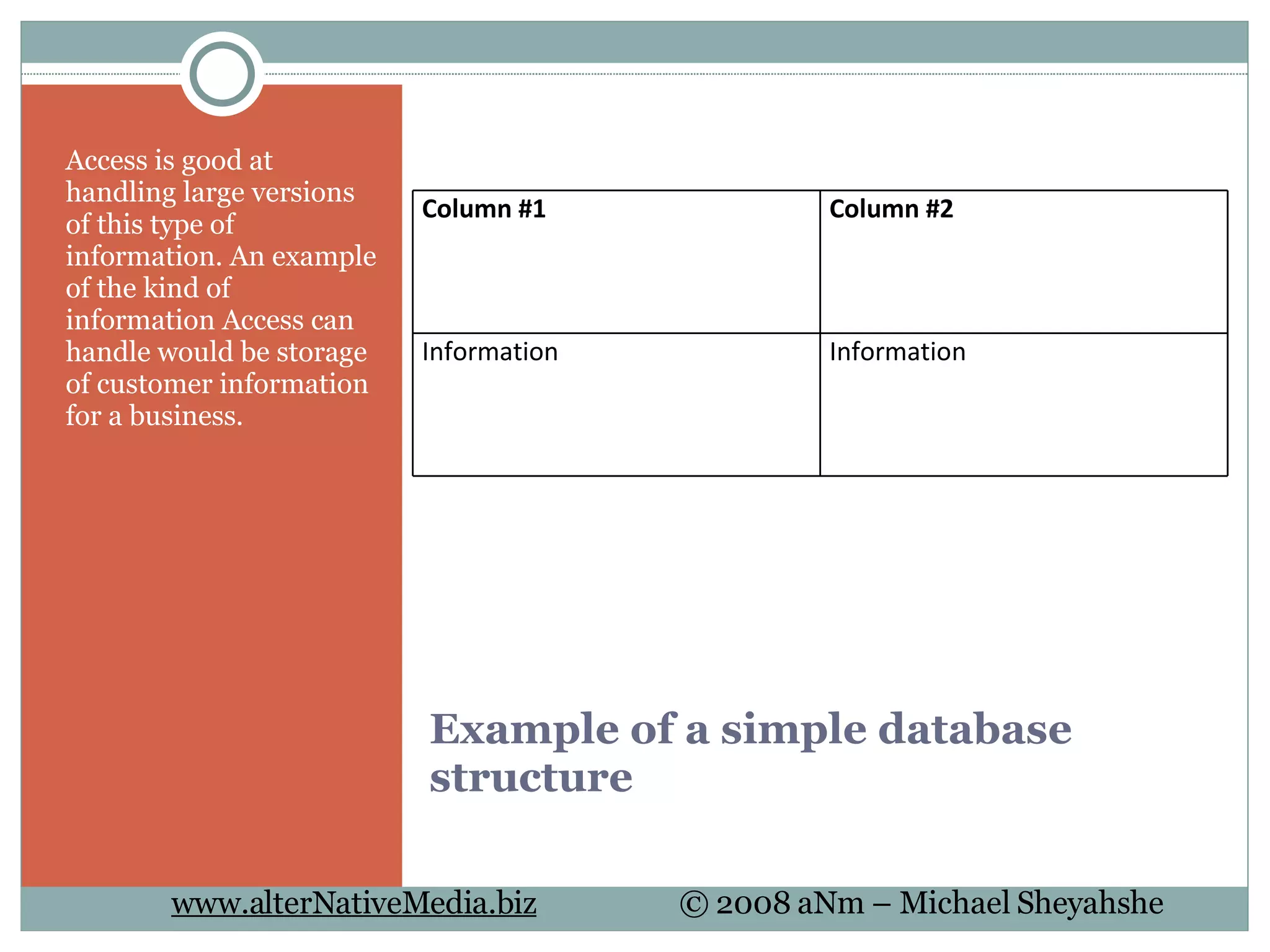 Example of a simple database structure Access is good at handling large versions of this type of information. An example of the kind of information Access can handle would be storage of customer information for a business. Column #1 Column #2 Information Information 