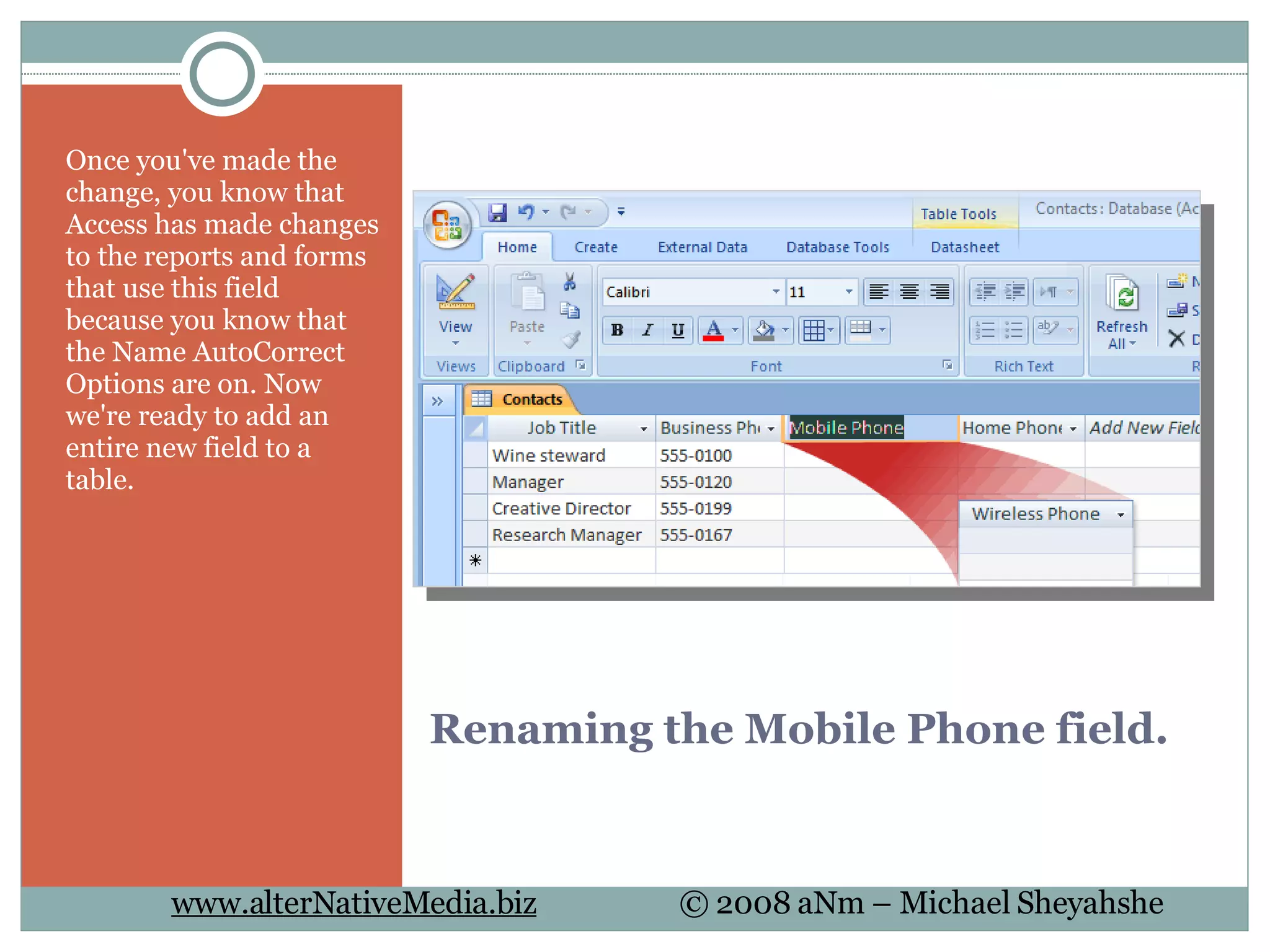 Renaming the Mobile Phone field. Once you've made the change, you know that Access has made changes to the reports and forms that use this field because you know that the Name AutoCorrect Options are on. Now we're ready to add an entire new field to a table.  