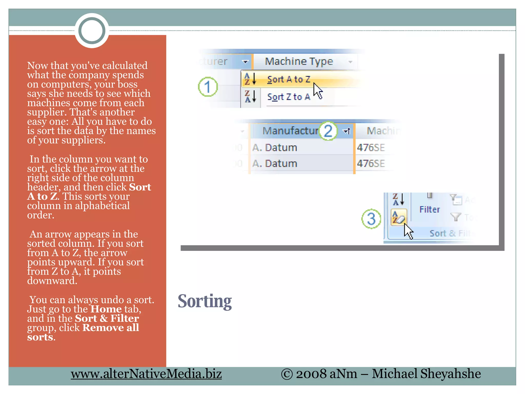 Sorting Now that you've calculated what the company spends on computers, your boss says she needs to see which machines come from each supplier. That's another easy one: All you have to do is sort the data by the names of your suppliers.   In the column you want to sort, click the arrow at the right side of the column header, and then click  Sort A to Z . This sorts your column in alphabetical order.   An arrow appears in the sorted column. If you sort from A to Z, the arrow points upward. If you sort from Z to A, it points downward.    You can always undo a sort. Just go to the  Home  tab, and in the  Sort & Filter  group, click  Remove all sorts . 