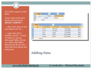Adding Data Two basic ways to enter data:   Enter data in the first blank cell and press  RIGHT ARROW  …  …  then enter data in the next blank cell. Or …  …  copy data from another source — Excel or tables in Access, Microsoft Office Word, or a Microsoft Office SharePoint Server site — click that first blank cell, and paste. 