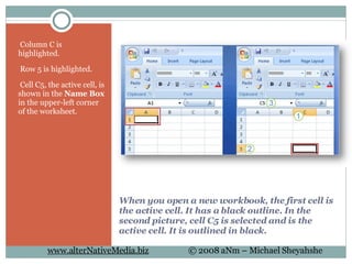 When you open a new workbook, the first cell is the active cell. It has a black outline. In the second picture, cell C5 is selected and is the active cell. It is outlined in black.    Column C is highlighted.   Row 5 is highlighted.   Cell C5, the active cell, is shown in the  Name Box  in the upper-left corner of the worksheet.  