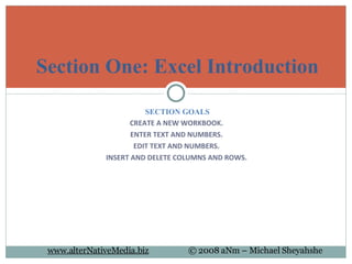 SECTION GOALS CREATE A NEW WORKBOOK.  ENTER TEXT AND NUMBERS.  EDIT TEXT AND NUMBERS.  INSERT AND DELETE COLUMNS AND ROWS.  Section One: Excel Introduction 