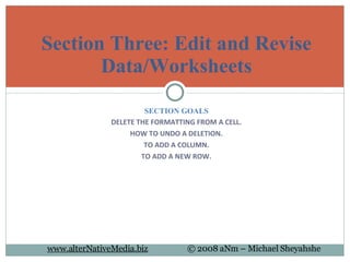 SECTION GOALS DELETE THE FORMATTING FROM A CELL. HOW TO UNDO A DELETION. TO ADD A COLUMN . TO ADD A NEW ROW. Section Three: Edit and Revise Data/Worksheets 