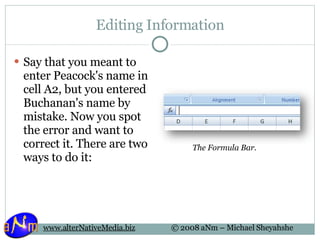 Editing Information Say that you meant to enter Peacock's name in cell A2, but you entered Buchanan's name by mistake. Now you spot the error and want to correct it. There are two ways to do it: The Formula Bar. 