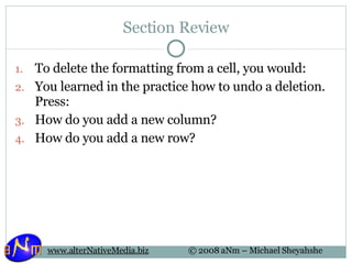 Section Review To delete the formatting from a cell, you would: You learned in the practice how to undo a deletion. Press: How do you add a new column? How do you add a new row? 