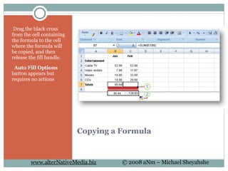Copying a Formula   Drag the black cross from the cell containing the formula to the cell where the formula will be copied, and then release the fill handle.    Auto Fill Options  button appears but requires no actions 