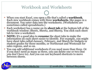 Workbook and Worksheets When you start Excel, you open a file that's called a  workbook . Each new workbook comes with three  worksheets , like pages in a document. You enter data into the worksheets. (Worksheets are sometimes called spreadsheets.) Each worksheet has a name on its  sheet tab  at the bottom left of the workbook window: Sheet1, Sheet2, and Sheet3. You click each sheet tab to view a worksheet.  NOTE:  It's a good idea to  rename  the sheet tabs to make the information on each sheet easier to identify. For example, you might have sheet tabs called January, February, and March for budgets or student grades for those months, or Northcoast and Westcoast for sales regions, and so on.  You can add additional worksheets if you need more than three. Or if you don't need as many as three, you can delete one or two (but you don't have to). And you can use keyboard shortcuts to move between sheets. 