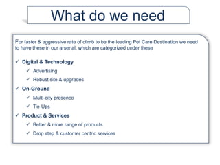 For faster & aggressive rate of climb to be the leading Pet Care Destination we need
to have these in our arsenal, which are categorized under these
 Digital & Technology
 Advertising
 Robust site & upgrades
 On-Ground
 Multi-city presence
 Tie-Ups
 Product & Services
 Better & more range of products
 Drop step & customer centric services
What do we need
 