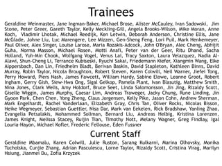 Trainees
Geraldine Weinmaster, Jane Ingman-Baker, Michael Brose, Alister McCauley, Ivan Sadowski, Jim
Stone, Peter Greer, Gareth Taylor, Kelly Meckling-Gill, Angela Brooks-Wilson, Mike Moran, Anne
Koch, Vladimir Lhotak, Michael Reedijk, Ken Letwin, Deborah Anderson, Christine Ellis, Jane
McGlade, Johne Liu, Luc Marengere, Lee Mizzen, Gen-Sheng Feng, Lori Puil, Mark Henkemeyer,
Paul Oliver, Alex Singer, Louise Larose, Maria Rozakis-Adcock, John O'Bryan, Alec Cheng, Abhijit
Guha, Norma Masson, Michael Rosen, Motti Anafi, Peter van der Geer, Ritu Dhand, Sacha
Holland, Yuh-Min Chook, Wolfgang Vogel, Venus Lai, Tracy Saxton, Laura Velazquez, Nadia Al-
Alawi, Shun-Cheng Li, Terrance Kubiseski, Ryuchi Sakai, Friedemann Kiefer, Xiangmin Wang, Elke
Aippersbach, Dan Lin, Friedhelm Bladt, Berivan Baskin, David Stapleton, Kathleen Binns, David
Murray, Robin Taylor, Nicola Broughton, Robert Steven, Karen Colwill, Neil Warner, Jiefei Tong,
Perry Howard, Piers Nash, James Fawcett, William Hardy, Sabine Elowe, Leanne Groot, Robert
Ingham, Gerry Gish, Siew-Hwa Ong, Sigal Gelkop, Pamela Plant, Ivan Blasutig, Matthew Smith,
Nina Jones, Clark Wells, Amy Holdorf, Bruce Seet, Linda Salomonsson, Jin Jing, Rizaldy Scott,
Giselle Wiggin, James Murphy, Caesar Lim, Andreas Traweger, Jacky Chung, Rune Linding, Jin
Gyoon Park, Chen Chen, Yong Zheng, Claus Jorgensen, Kelly Pike, Jason Cohn, Andrew Sherman,
Mark Engelhardt, Rachel Vanderlaan, Elizabeth Gray, Chris Tan, Oliver Rocks, Nicolas Bisson,
Heike Wegmeyer, Sebastian Guettler, Nisa Dar, Mark van Eekelen, Rick Bradshaw, Yanling Zhao,
Evangelia Petsalakis, Mohammed Soliman, Bernard Liu, Andreas Helbig, Kristina Lorenzen,
James Knight, Melissa Stacey, Ruijin Tian, Timothy Nott, Melany Wagner, Greg Findlay, Igal
Louria-Hayon, Michael Kofler, Frederic Fellouse, Eden Fussner
Current Staff
Geraldine Mbamalu, Karen Colwill, Julie Ruston, Sarang Kulkarni, Marina Olhovsky, Monika
Tucholska, Cunjie Zhang, Adrian Pasculescu, Lorne Taylor, Rizaldy Scott, Cristina Virag, Marilyn
Hsiung, Jianmei Du, Zofia Krzyzek
 