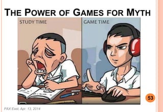 THE POWER OF GAMES FOR MYTH
PAX East, Apr. 13, 2014
53
 