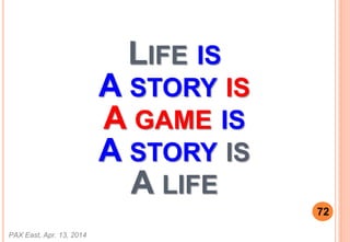 LIFE IS
PAX East, Apr. 13, 2014
72
A STORY IS
A GAME IS
A STORY IS
A LIFE
 