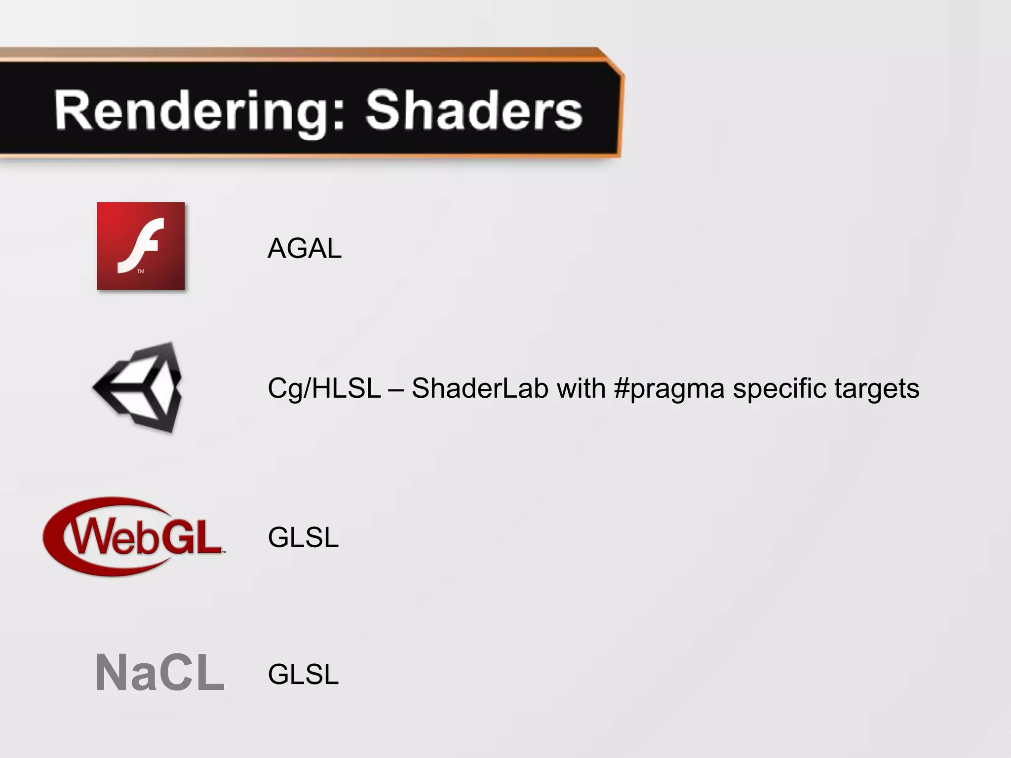 AGAL



       Cg/HLSL – ShaderLab with #pragma specific targets




       GLSL




NaCL   GLSL
 