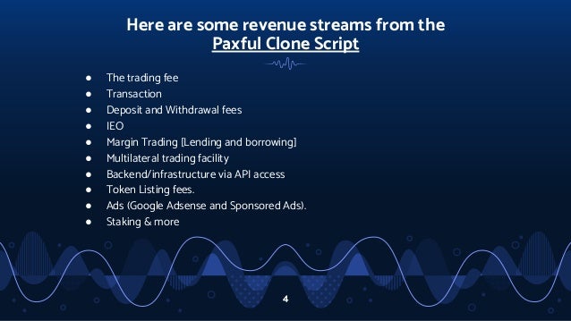 Here are some revenue streams from the
Paxful Clone Script
● The trading fee
● Transaction
● Deposit and Withdrawal fees
● IEO
● Margin Trading [Lending and borrowing]
● Multilateral trading facility
● Backend/infrastructure via API access
● Token Listing fees.
● Ads (Google Adsense and Sponsored Ads).
● Staking & more
4
 