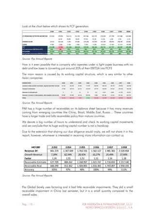 Pág. - 15 - RSR INVERSIÓN & PATRIMONIOS EAF, S.L.U.
NOVO BANCO GESTIÓN, S.G.I.I.C., S.A.
Look at the chart below which shows its FCF generation.
2.010 2.011 2.012 2.013 2.014 2.015 2.016 2.017 2.018 2019e
CF OPERATING ACTIVITIES BEFORE WK 153.563 178.856 216.113 251.935 497.586 652.707 579.638 573.798 617.088 610.000
- 16,5% 20,8% 16,6% 97,5% 31,2% -11,2% -1,0% 7,5% -1,1%
CHANGE IN WK -34.415 -193.546 -2.091 54.090 -319.568 -314.897 -314.283 -338.481 -396.487 30.000
CAPEX -4.560 -2.366 -2.762 -1.406 -7.493 -5.248 -14.614 -17.520 -37.214 -45.000
FCF 114.588 -17.056 211.260 304.619 170.525 332.562 250.741 217.797 183.387 595.000
FCF conversion (EBITDA to FCF) 65% -8% 93% 113% 36% 50% 36% 34% 28% 89%
FCF preWK 149.003 176.490 213.351 250.529 490.093 647.459 565.024 556.278 579.874 565.000
FCF preWK conversion (EBITDA to FCF) 85% 84% 94% 93% 105% 98% 81% 88% 88% 85%
Source: Pax Annual Reports
How is it even possible that a company who operates under a light capex business with no
debt and low taxes is converting just around 35% of their EBITDA into FCF?
The main reason is caused by its working capital structure, which is very similar to other
Asian companies.
CHANGE IN WC 2.010 2.011 2.012 2.013 2.014 2.015 2.016 2.017 2.018
Increase in trade and bills receivables, deposits and other receivables -54.542 -225.581 -29.059 -73.493 -284.891 -466.035 -183.707 -278.902 -292.099
Increase in inventories -37.962 -146.753 63.413 -222.874 -39.779 -154.855 -97.653 -255.183 -360.786
Decrease in restricted cash 0 0 -31 19 114 6.547 8.489 -11.728 -38.334
Decrease / Increase in trade payables, other payables and accruals 58.089 178.788 -36.414 350.438 4.988 299.446 -41.412 207.332 294.732
TOTAL -34.415 -193.546 -2.091 54.090 -319.568 -314.897 -314.283 -338.481 -396.487
Source: Pax Annual Reports
PAX has a huge number of receivables on its balance sheet because it has many revenues
coming from emerging countries like China, Brazil, Middle East, Russia… These countries
have a larger trade and bills receivables policy than mature countries.
We devote a big number of hours to understand and check its working capital movements
and we conclude that its huge working capital number is not a handicap.
Due to the extension that sharing our due diligence would imply, we will not share it in this
report, however, whomever is interested in receiving more information can contact us.
HK$ 000 2.013 2.014 2.015 2.016 2.017 2.018
Revenue 2H 841.374 1.367.609 1.763.156 1.582.127 1.985.381 2.539.858
Growth Revenue 7,39% 62,54% 28,92% -10,27% 25,49% 27,93%
Factor 1,24 1,55 1,51 1,11 1,16 1,18
Receivable Estimate 677.709 884.262 1.168.997 1.421.747 1.718.850 2.157.140
Receivable Real 644.290 912.362 1.304.893 1.416.365 1.743.007 1.950.193
Accuracy 105% 97% 90% 100% 99% 111%
Source: Pax Annual Reports
Pax Global barely uses factoring and it had little receivable impairments. They did a small
receivable impairment in China last semester, but it is a small quantity compared to the
overall sales.
 
