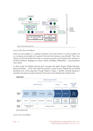 Pág. - 6 - RSR INVERSIÓN & PATRIMONIOS EAF, S.L.U.
NOVO BANCO GESTIÓN, S.G.I.I.C., S.A.
Source: 2016 Pax Annual Report
There are many players in a cashless transaction and to be honest, it is quite complex, but
our company just provides an E-payment Terminal and receives a one-off profit. Their main
clients are financial entities that work as merchant acquirers and introduce their software in
the Pax’s hardware. Pagseguro or Stone in Brazil, Worldpay, Global Blue… are among their
main clients.
In other words, Pax Global products don’t compete with Apple, Paypal, Global Payments,
Banco Santander… In fact, they need Pax products in order to work. Despite Pax not directly
benefiting from online payments through Paypal or Ebay, it benefits indirectly because it
provides more ease to accept E-payment Terminals and accelerates the cashless trend.
Source: Pax Annual Report
 