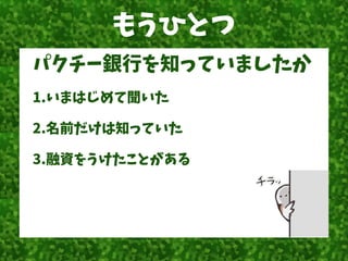 もうひとつ
パクチー銀行を知っていましたか
1.いまはじめて聞いた
2.名前だけは知っていた
3.融資をうけたことがある
 