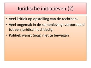 Juridischeinitiatieven (2)Veelkritiek op opstelling van de rechtbankVeelongemak in de samenleving: veroordeeld tot eenjuridischluchtledigPolitiekwenst (nog) niet te bewegen
