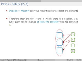Paxos - Safety (2/3)
Decision = Majority (any two majorities share at least one element)
Therefore after the ﬁrst round in which there is a decision, any
subsequent round involves at least one acceptor that has accepted
v.
Amir H. Payberah (Tehran Polytechnic) Consensus 1393/6/31 49 / 56
 