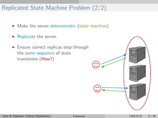 Replicated State Machine Problem (2/2)
Make the server deterministic (state machine).
Replicate the server.
Ensure correct replicas step through
the same sequence of state
transitions (How?)
Amir H. Payberah (Tehran Polytechnic) Consensus 1393/6/31 5 / 56
 