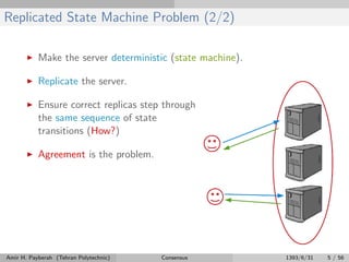 Replicated State Machine Problem (2/2)
Make the server deterministic (state machine).
Replicate the server.
Ensure correct replicas step through
the same sequence of state
transitions (How?)
Agreement is the problem.
Amir H. Payberah (Tehran Polytechnic) Consensus 1393/6/31 5 / 56
 