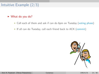 Intuitive Example (2/3)
What do you do?
• Call each of them and ask if can do 6pm on Tuesday (voting phase)
• If all can do Tuesday, call each friend back to ACK (commit)
Amir H. Payberah (Tehran Polytechnic) Consensus 1393/6/31 13 / 56
 