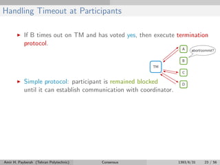 Handling Timeout at Participants
If B times out on TM and has voted yes, then execute termination
protocol.
Simple protocol: participant is remained blocked
until it can establish communication with coordinator.
Amir H. Payberah (Tehran Polytechnic) Consensus 1393/6/31 23 / 56
 