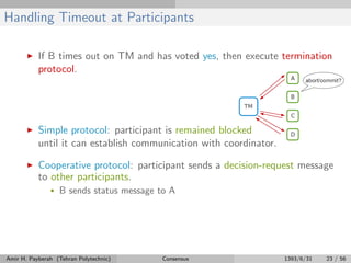 Handling Timeout at Participants
If B times out on TM and has voted yes, then execute termination
protocol.
Simple protocol: participant is remained blocked
until it can establish communication with coordinator.
Cooperative protocol: participant sends a decision-request message
to other participants.
• B sends status message to A
Amir H. Payberah (Tehran Polytechnic) Consensus 1393/6/31 23 / 56
 