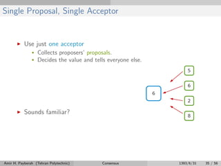 Single Proposal, Single Acceptor
Use just one acceptor
• Collects proposers’ proposals.
• Decides the value and tells everyone else.
Sounds familiar?
Amir H. Payberah (Tehran Polytechnic) Consensus 1393/6/31 35 / 56
 