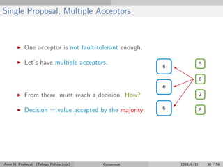 Single Proposal, Multiple Acceptors
One acceptor is not fault-tolerant enough.
Let’s have multiple acceptors.
From there, must reach a decision. How?
Decision = value accepted by the majority.
Amir H. Payberah (Tehran Polytechnic) Consensus 1393/6/31 36 / 56
 