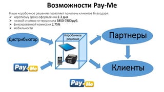 Клиенты
Возможности Pay-Me
Наше коробочное решение позволяет привлечь клиентов благодаря:
 короткому сроку оформления 2-3 дня
 низкой стоимости терминала 3850-7800 руб.
 фиксированной комиссии 2,75%
 мобильности
Коробочное
решение
ПартнерыДистрибьютор
 