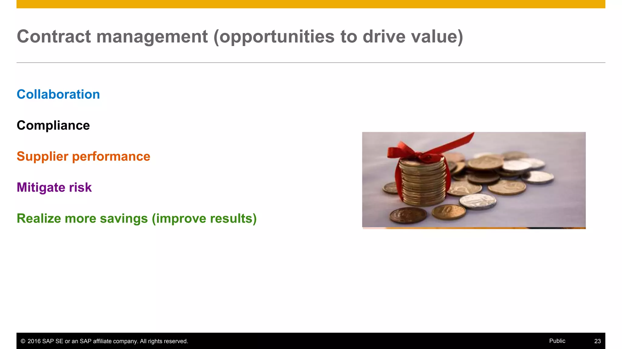 © 2016 SAP SE or an SAP affiliate company. All rights reserved. 23Public
Poor contract management is quantifiable
The Real Cost of Non-Compliance
To the uninitiated, non-compliant spend may be a low
priority; but, in a survey of more than 250 enterprises,
Ardent Partners research was able to determine that
every dollar of non-compliant spend can have an
additional cost of between 6% and 18%.
 