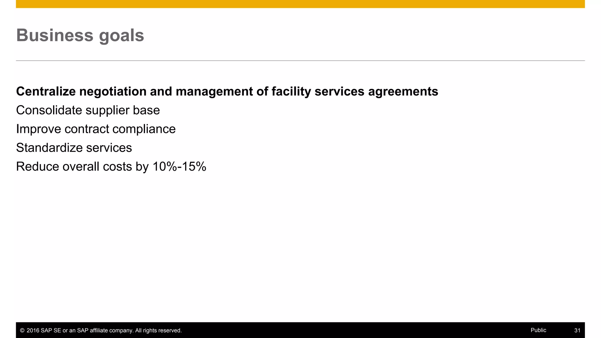 © 2016 SAP SE or an SAP affiliate company. All rights reserved. 31Public
Oracle
S
U
P
P
L
I
E
R
INTEGRATION
TOOLKIT
ARIBA P2P
Remittance Remittance
Remittance
ARIBA
NETWORK
S
U
P
P
L
I
E
R
B
U
Y
E
R
Invoice StatusOK 2 Pay export
Upon submission, Invoice
created on AN
Invoice Status
(Approved OR Rejected)
Invoice
Reconciliation
Set up Contracts
Master
Data
Account Coding
and Approval
Invoice
1 2
Vendor punch-in to Invoice
vs. contract
…and pushed to P2P for
reconciliation
3
4
56
Solution footprint: Ariba Procure-to-Pay invoice vs. contract
 
