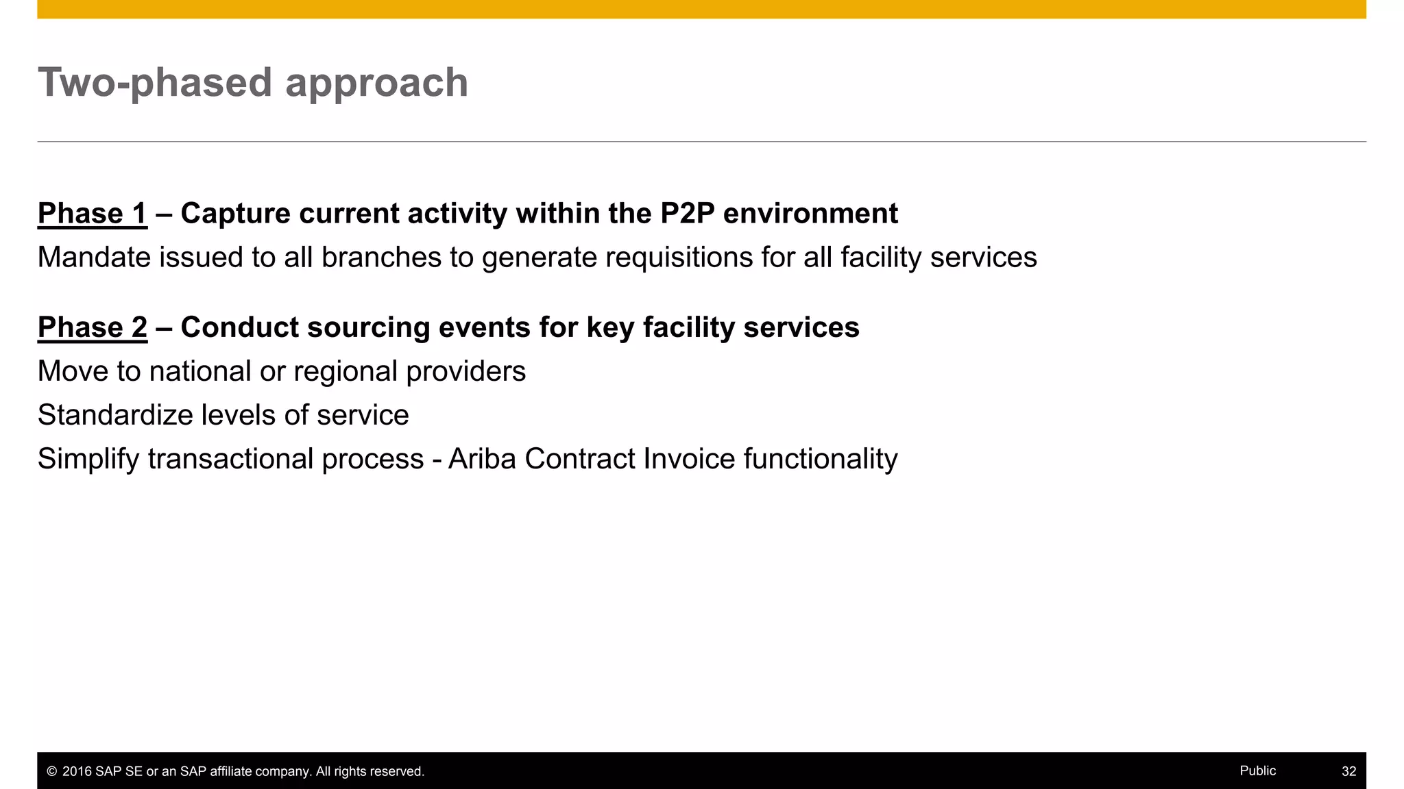 © 2016 SAP SE or an SAP affiliate company. All rights reserved. 32Public
Results with SAP Ariba
Phase 1 - Improved visibility into spend details
Line item detail captured within P2P environment
Enabled team to negotiate better contracts with standardized service levels
Consolidation of supply base
Phase 2 – Streamlined invoicing process
Invoice validation against contract with minimal effort from branch managers
 