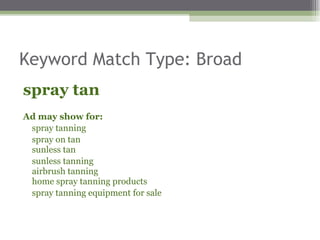 Keyword Match Type: Broad spray tan  Ad may show for:  spray tanning spray on tan sunless tan sunless tanning airbrush tanning home spray tanning products spray tanning equipment for sale 
