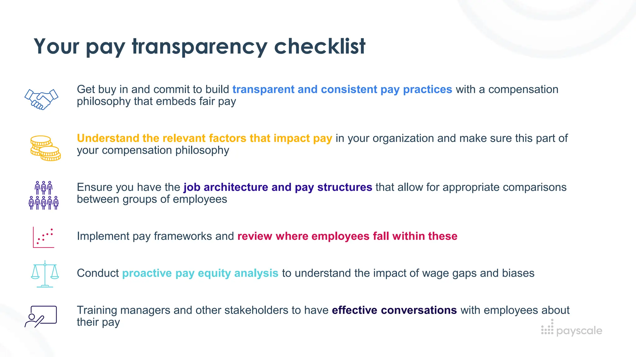 Your pay transparency checklist
Get buy in and commit to build transparent and consistent pay practices with a compensation
philosophy that embeds fair pay
Understand the relevant factors that impact pay in your organization and make sure this part of
your compensation philosophy
Ensure you have the job architecture and pay structures that allow for appropriate comparisons
between groups of employees
Implement pay frameworks and review where employees fall within these
Conduct proactive pay equity analysis to understand the impact of wage gaps and biases
Training managers and other stakeholders to have effective conversations with employees about
their pay
 