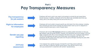 Part I:
Pay Transparency Measures
If an employer has a gender pay gap of at least 5% and if they cannot justify the
gap on the basis of objective, gender-neutral factors, they will then have to carry
out a pay assessment in conjunction with workers’ representatives.
Employers will have to post a pay range in job postings or provide the pay range before
the job interview. In addition, employers will not be able to ask candidates about their pay
history (akin to the salary history bans we see across the U.S.).
Employees will now be able to request specific pay information from their employer, including
their individual pay level and the average pay levels (broken down by sex for categories of
workers doing the same work or work of equal value).
Employers with at least 100 employees will have to publicly publish information on their pay
gap between male and female workers. However, this requirement will roll out slowly. In the first
stage, employers with 250 or more employees will report every year; employers with between
150 and 249 employees will report every three years; and employers with 100 to 149
employees will also report every three years (but this group will begin reporting five years after
the transposition of the Directive).
Pay transparency
for job seekers
Right to information
for employees
Gender pay gap
reporting
Joint pay
assessment
 