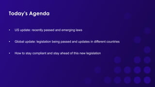 Today's Agenda
• US update: recently passed and emerging laws
• Global update: legislation being passed and updates in different countries
• How to stay compliant and stay ahead of this new legislation
 