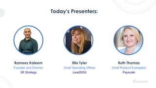 Today's Presenters:
Rameez Kaleem
Founder and Director
3R Strategy
Ella Tyler
Chief Operating Officer
Lead5050
Ruth Thomas
Chief Product Evangelist
Payscale
 