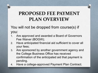 You will not be dropped from course(s) if
you:
1. Are approved and awarded a Board of Governors
Fee Waiver (BOGW);
2. Have anticipated financial aid sufficient to cover all
your fees;
3. Are sponsored by another government agency and
the College Business Office has received
confirmation of the anticipated aid that payment is
pending.
4. Have a college-approved Payment Plan Contract.
PROPOSED FEE PAYMENT
PLAN OVERVIEW
 
